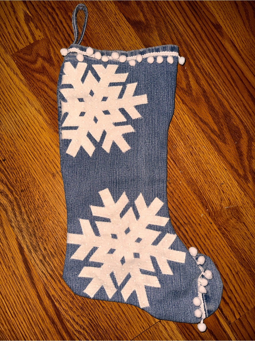 Handmade denim Christmas Stocking with White Snowflakes